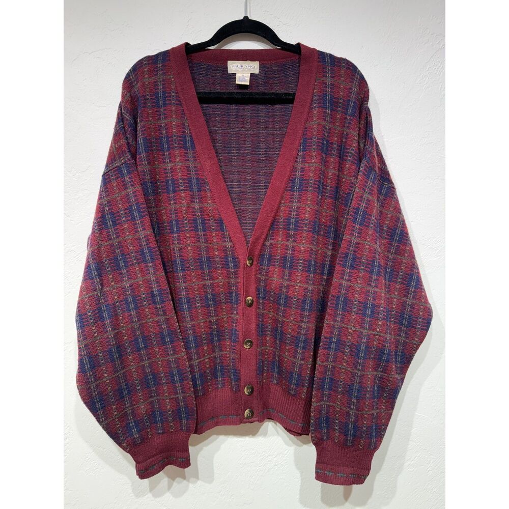 Vintage Murano Plaid 90s Cardigan Sweater Mens Size XL
